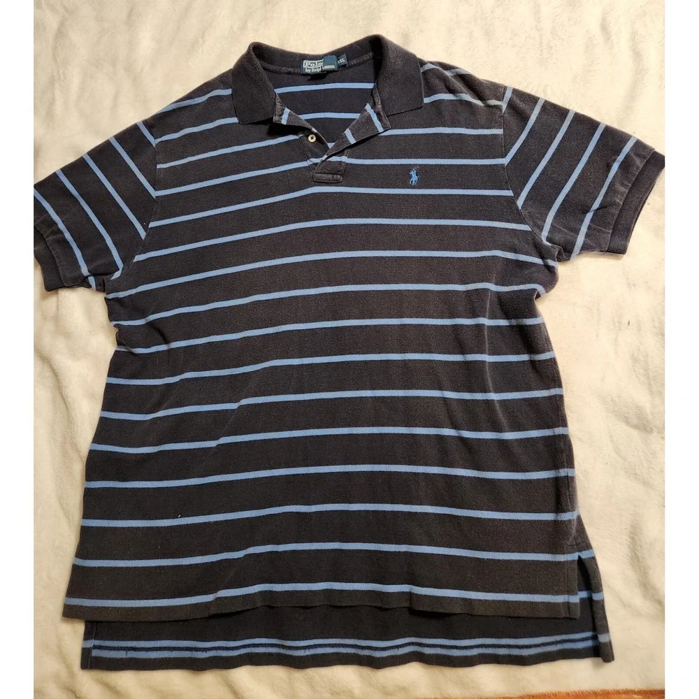 VINTAGE Polo Ralph Lauren Polo Golf Shirt Men 2XL XXL Blue Stripe 100% Cotton